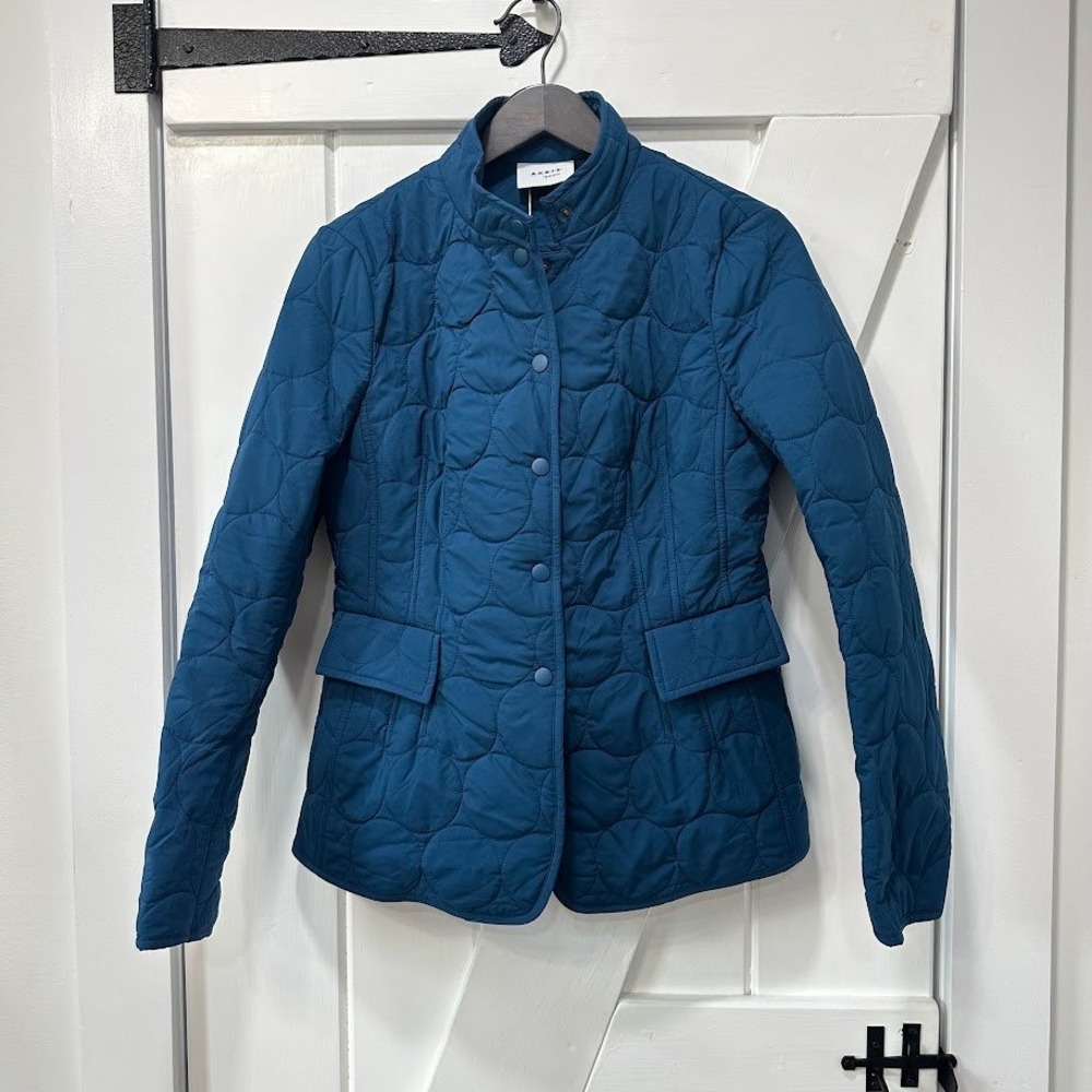 Akris Punto Womens Jacket Size 4 Teal Circular Quilted Mock Neck Textured NEW